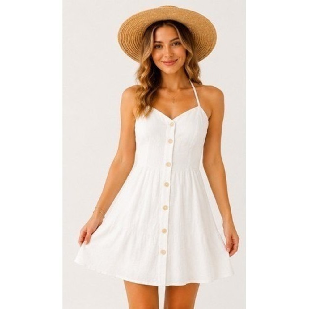 NWT Boho Mini Coquette Dress Cream White Linen Halter Flare Skirt Size Large NEW